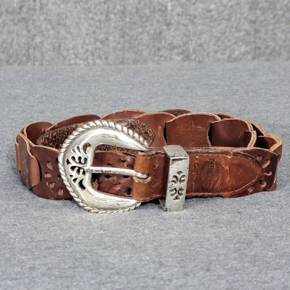 Fossil Belt Womens M Brown Genuine Leather Western Woven Floral Cutout BT4439